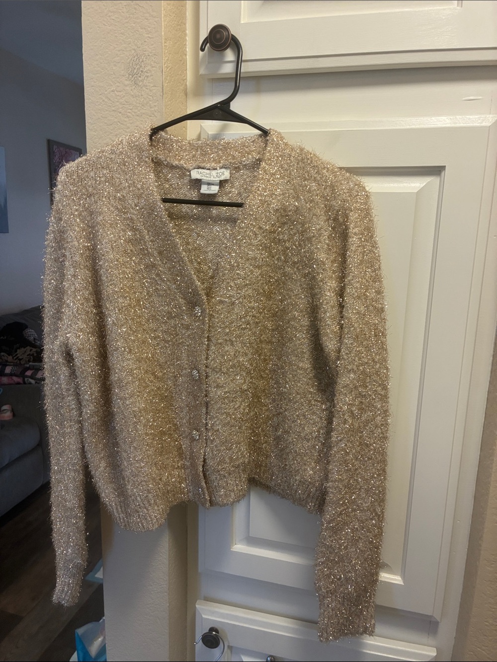 Rachel Zoe gold metallic sparkly cardigan with floral rhinestone buttons